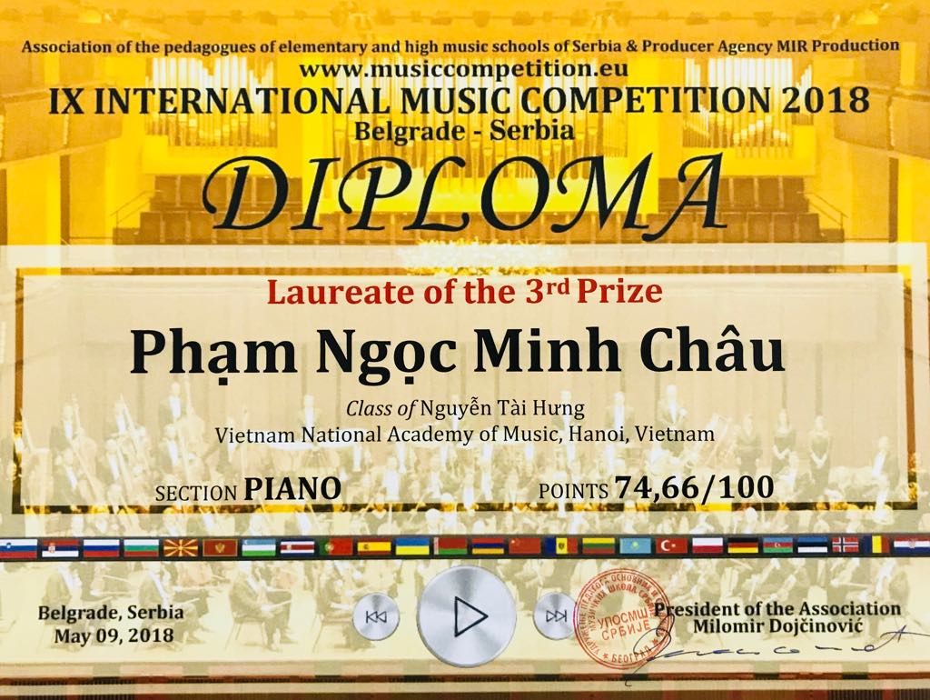 Học viên Piano Phạm Ngọc Minh Châu giành Giải Ba cuộc thi Âm nhạc Quốc tế tại Belgrade, Serbia